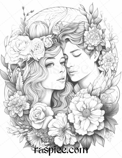 50 Romantic Couple Flowers Grayscale Coloring Pages Printable for Adults, PDF File Instant Download