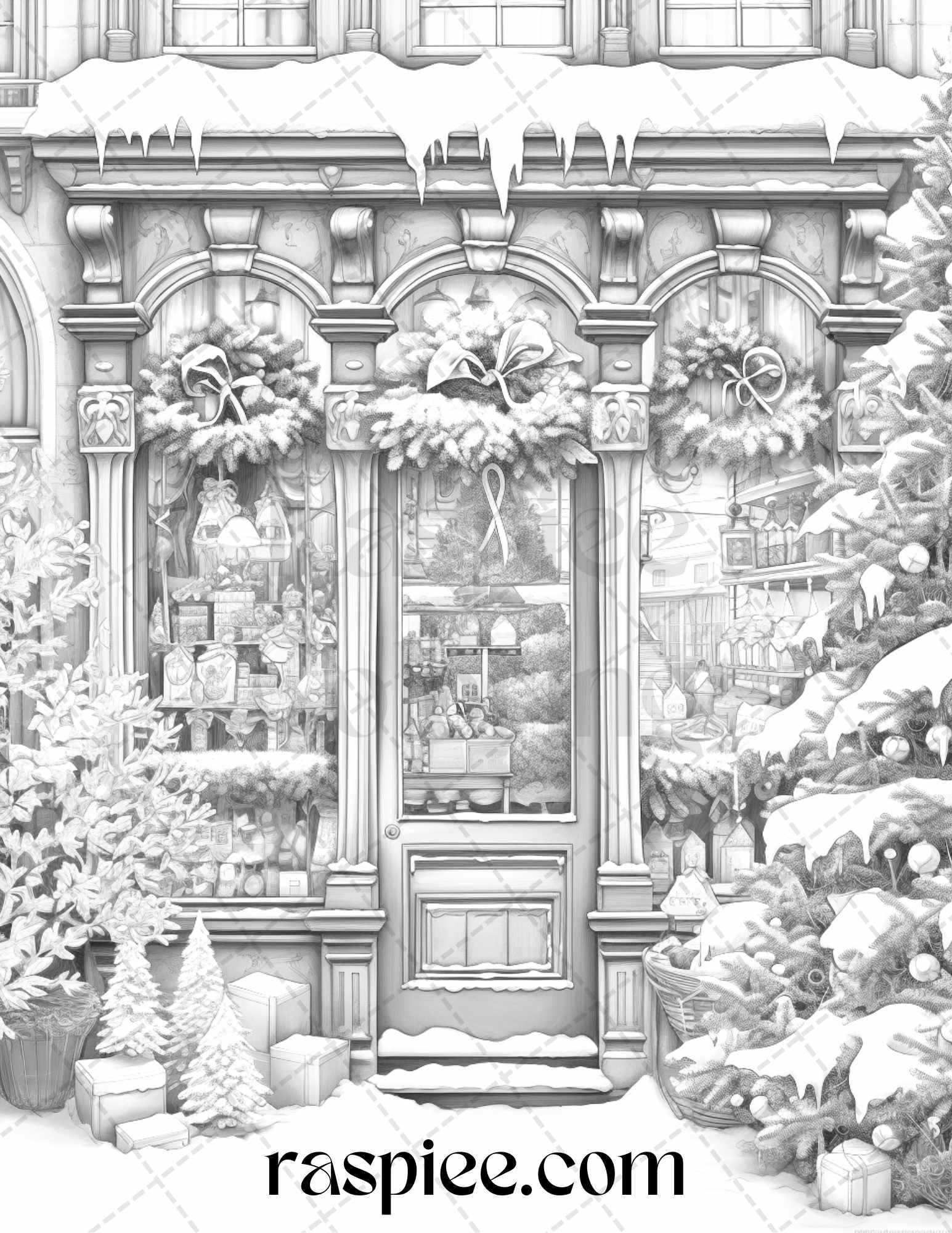Christmas Store Front Grayscale Coloring Pages for Adults, PDF Printable Instant Download