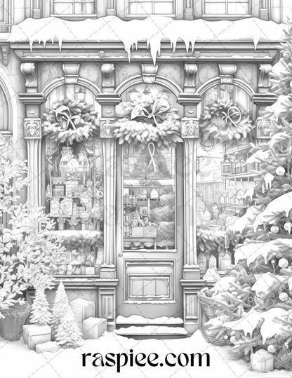 Christmas Store Front Grayscale Coloring Pages for Adults, PDF Printable Instant Download