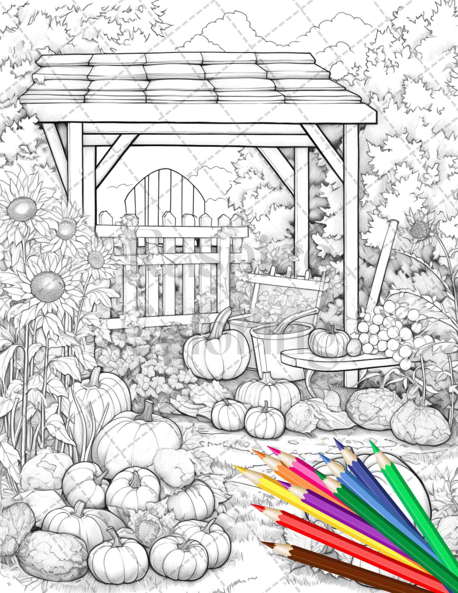 Pumpkin Garden Scenery Grayscale Coloring Pages Printable for Adults, PDF File Instant Download