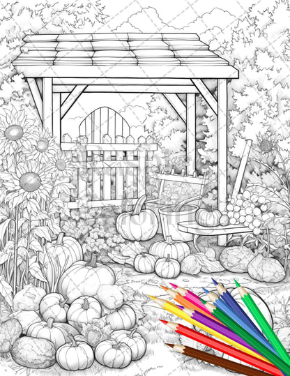Pumpkin Garden Scenery Grayscale Coloring Pages Printable for Adults, PDF File Instant Download