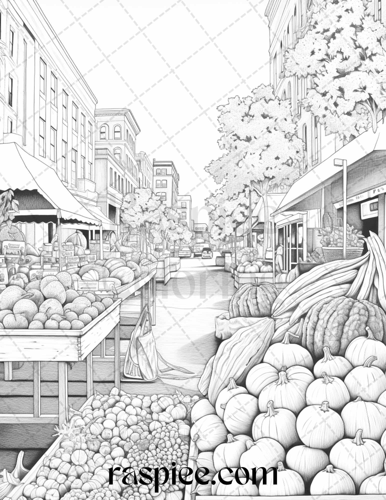 Autumn Street Markets Grayscale Coloring Pages for Adults, Printable PDF File Instant Download