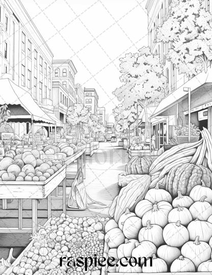 Autumn Street Markets Grayscale Coloring Pages for Adults, Printable PDF File Instant Download