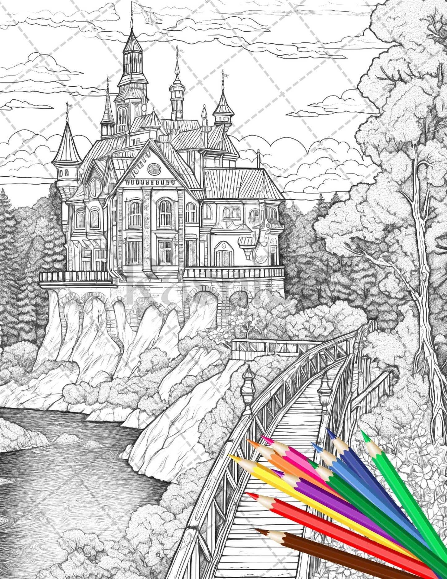 122 Fantasy Castles Coloring Book for Adults, Grayscale Coloring Page, Printable PDF Instant Download