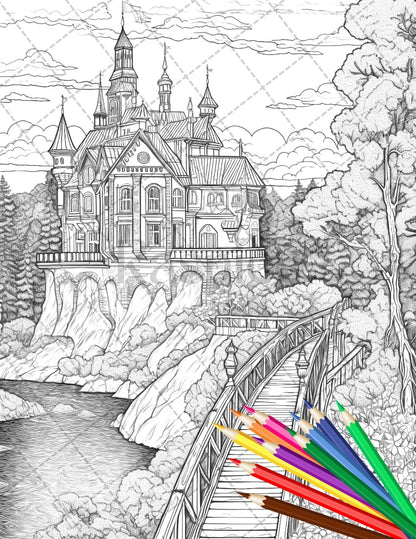 122 Fantasy Castles Coloring Book for Adults, Grayscale Coloring Page, Printable PDF Instant Download