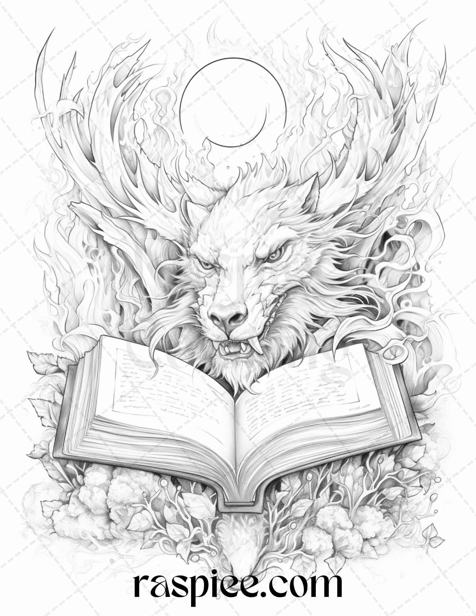 50 Magical Books Grayscale Coloring Pages Printable for Adults, PDF File Instant Download