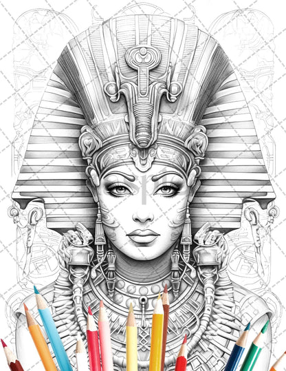 35 Ancient Egyptian Queens Coloring Book Printable for Adults, Grayscale Coloring Page, PDF File Instant Download