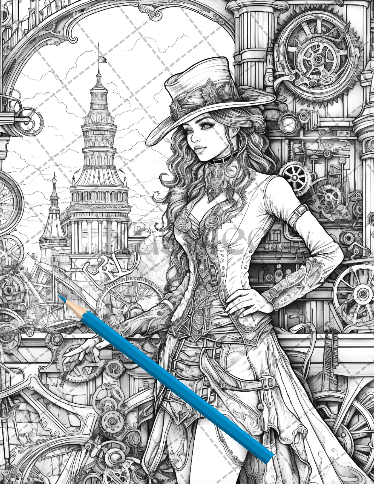 30 Steampunk Girls Coloring Pages Printable for Adults, Victorian Inspired Adult Grayscale Coloring Book, PDF File Download