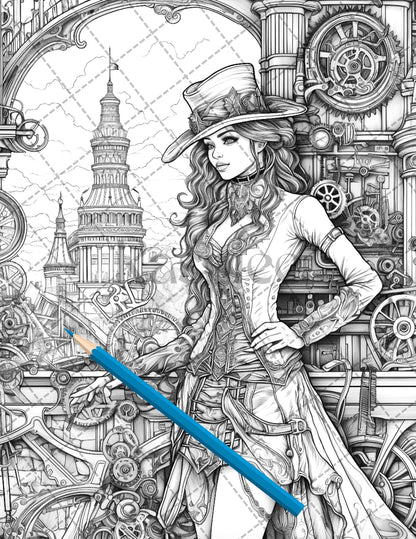 30 Steampunk Girls Coloring Pages Printable for Adults, Victorian Inspired Adult Grayscale Coloring Book, PDF File Download