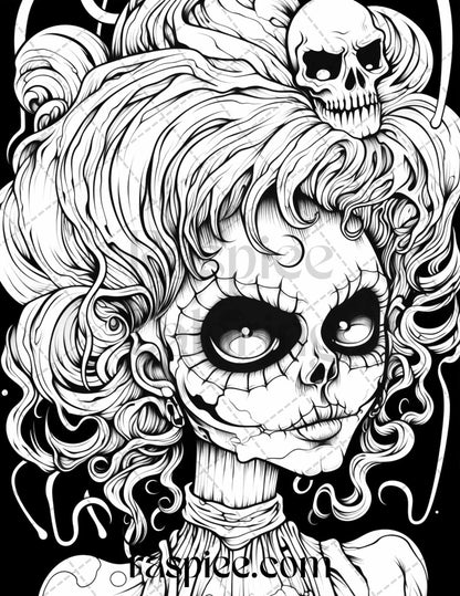 50 Spooky Miss Nightmare Grayscale Coloring Pages Printable for Adults, PDF File Instant Download