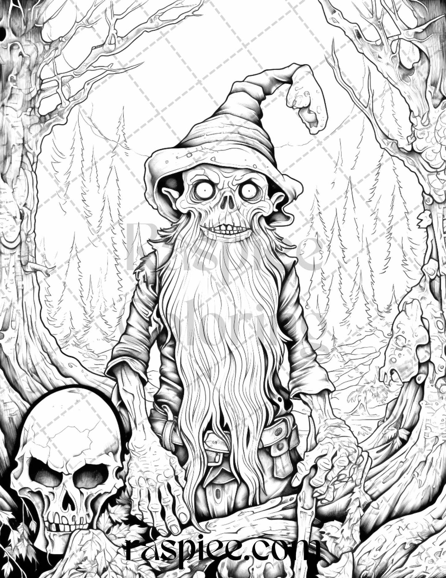 50 Horror Zombie Gnomes Grayscale Coloring Pages Printable for Adults, PDF File Instant Download