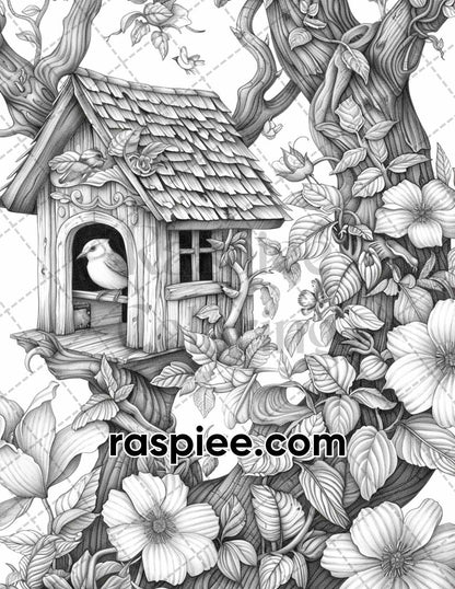 70 Enchanted Birdhouses Grayscale Adult Coloring Pages, Printable PDF Instant Download