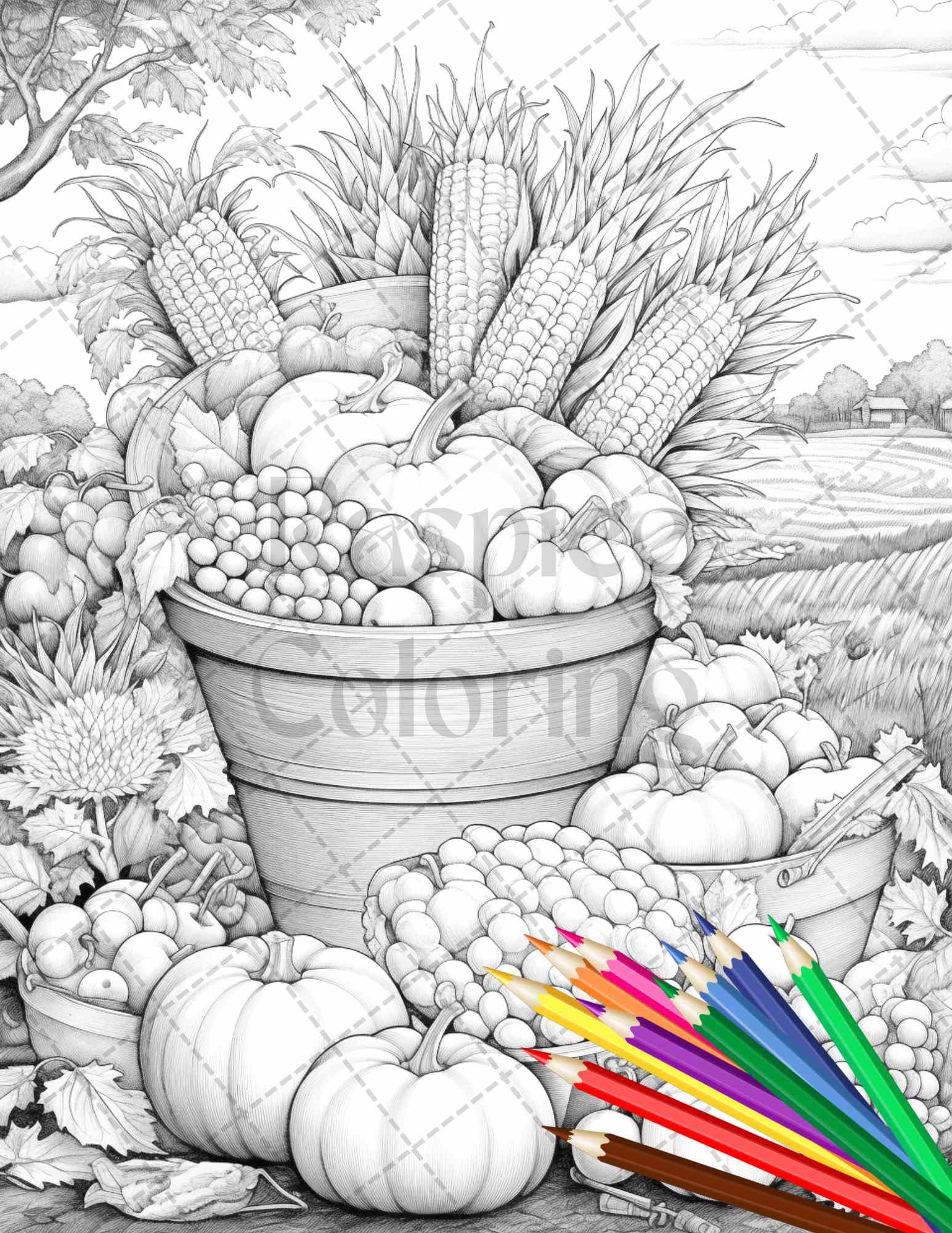 Autumn Harvest Grayscale Coloring Pages Printable for Adults, Relaxing Fall Themed Art, PDF File Instant Download