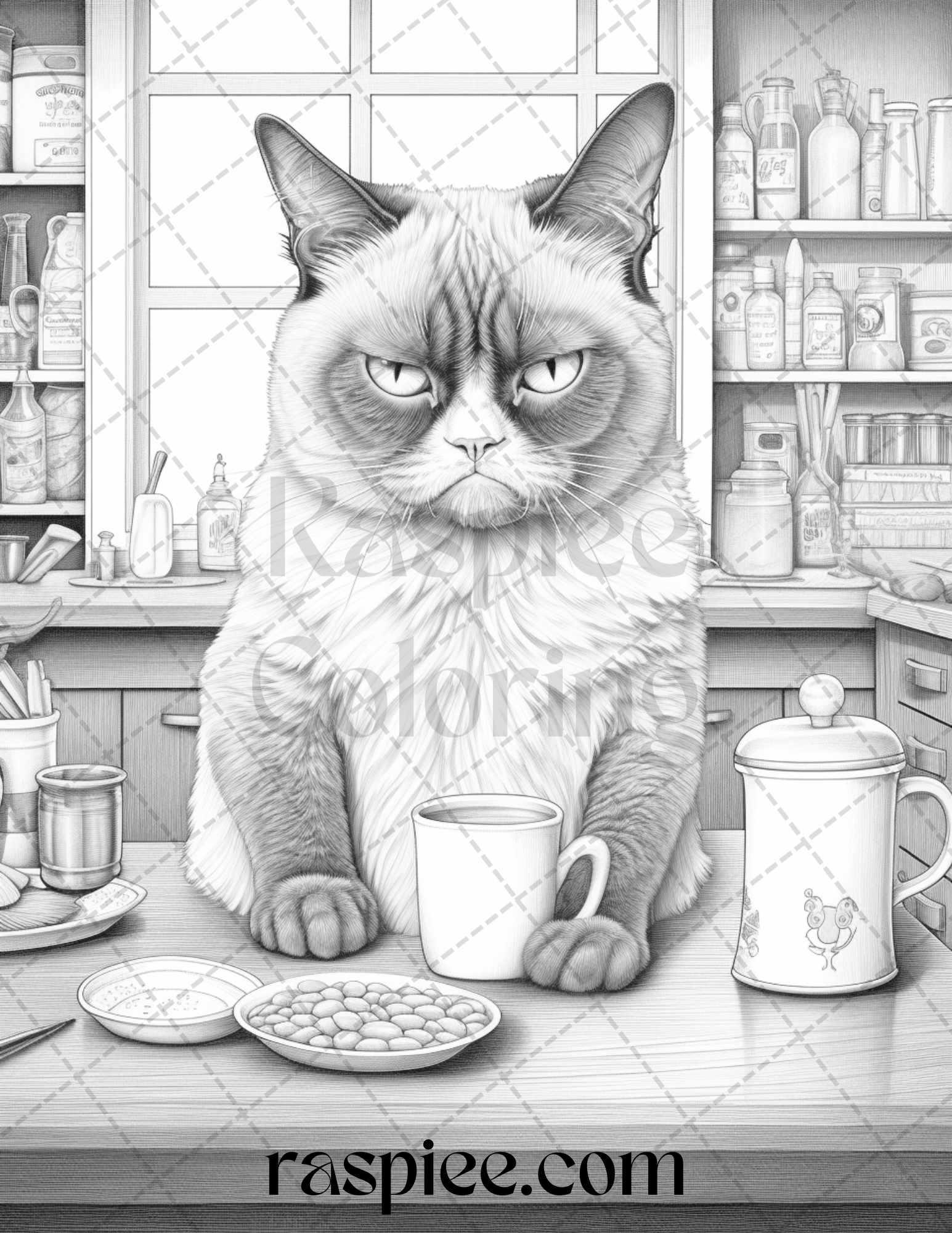 50 Grumpy Cat Grayscale Coloring Pages Printable for Adults, PDF File Instant Download
