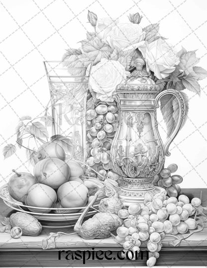 52 Still Life Grayscale Coloring Pages Printable for Adults, PDF File Instant Download