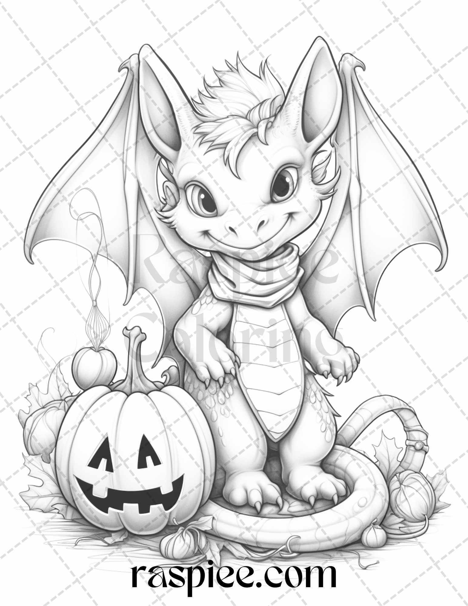 50 Cute Pumpkin Dragons Graycale Coloring Pages for Adults and Kids, Printable PDF File Instant Download
