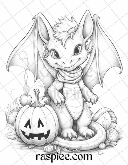 50 Cute Pumpkin Dragons Graycale Coloring Pages for Adults and Kids, Printable PDF File Instant Download