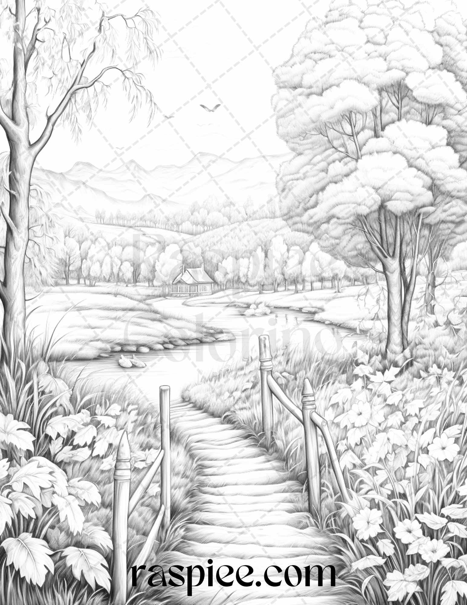 Autumn Scenery Grayscale Coloring Pages Printable for Adults, PDF File Instant Download