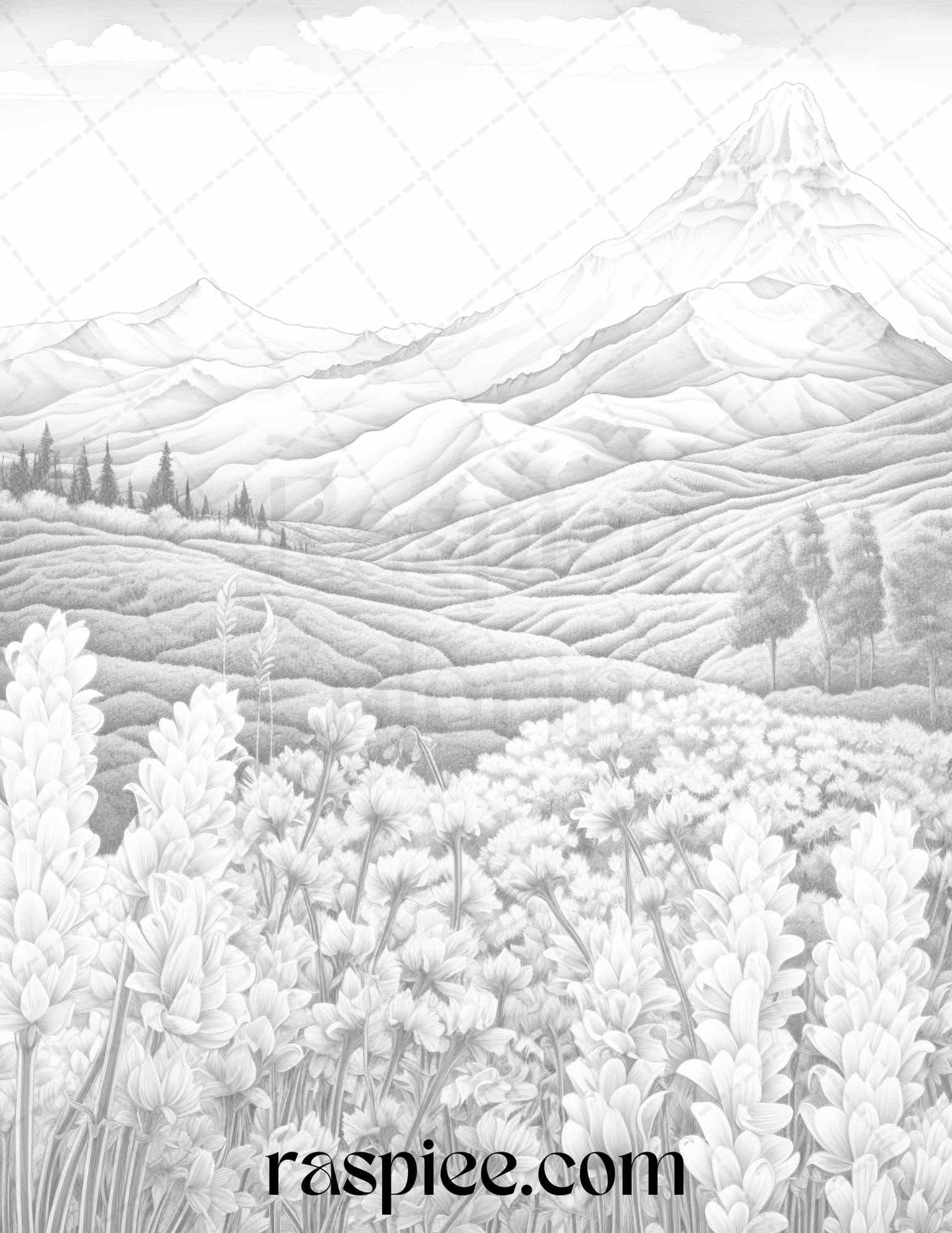 60 Mountain Flower Landscapes Grayscale Coloring Pages Printable for Adults, PDF File Instant Download