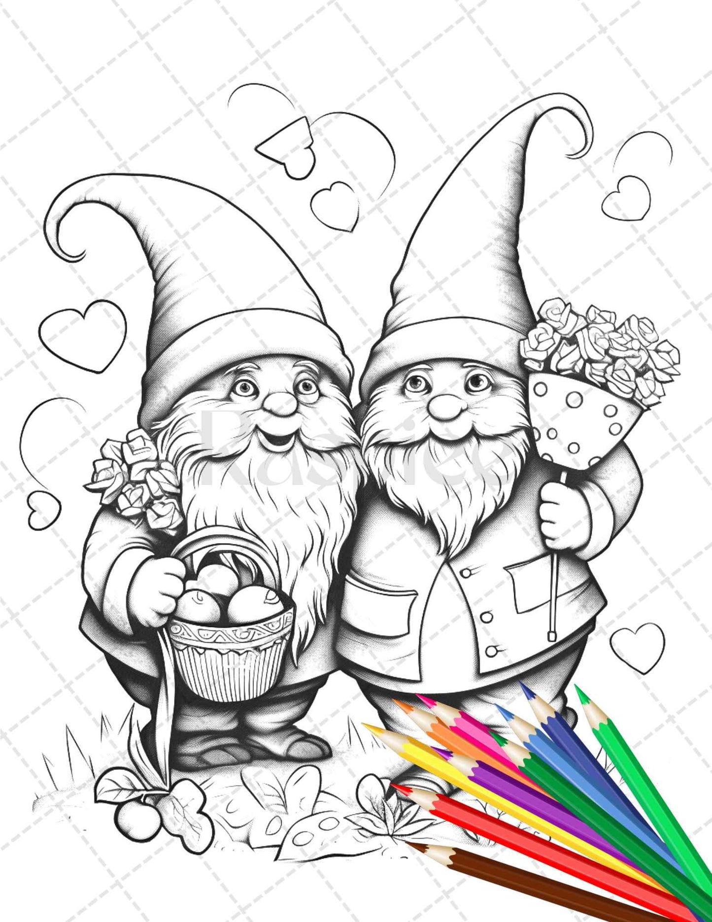33 Gnome Love Coloring Pages Printable for Adults, Grayscale Coloring Page, PDF File Instant Download