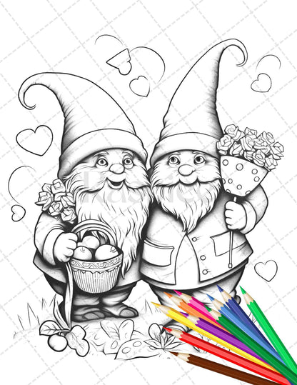 33 Gnome Love Coloring Pages Printable for Adults, Grayscale Coloring Page, PDF File Instant Download