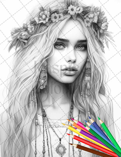 43 Beautiful Hippie Girls Grayscale Coloring Pages Printable for Adults, PDF File Instant Download