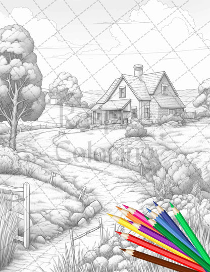Charming Farmhouse Scenery Grayscale Coloring Pages Printable for Adults, PDF File Instant Download
