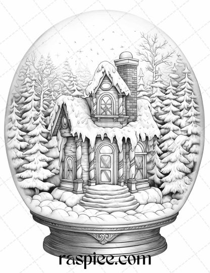 Cozy Cabin in Snow Globe Grayscale Coloring Pages Printable for Adults, PDF File Instant Download