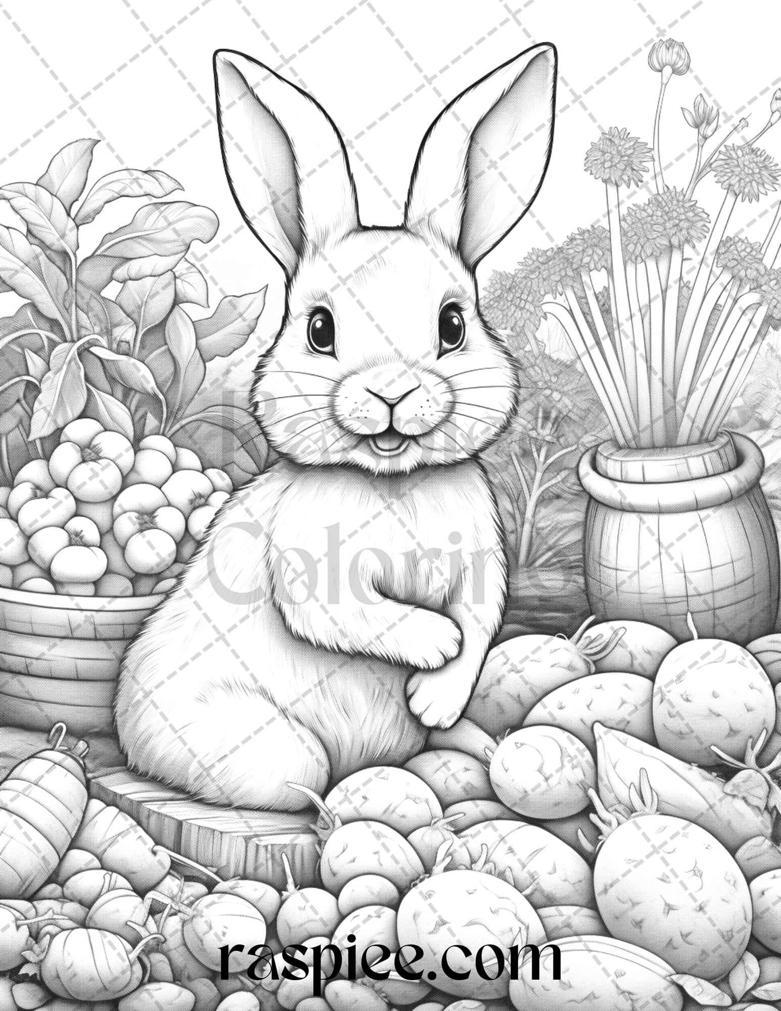 50 Rabbit Garden Grayscale Coloring Pages Printable for Adults, PDF File Instant Download