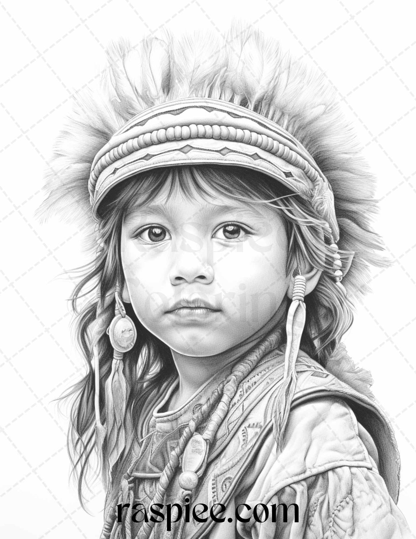 50 Native American Little Girls Boys Grayscale Coloring Pages Printable for Adults Kids, PDF File Instant Download