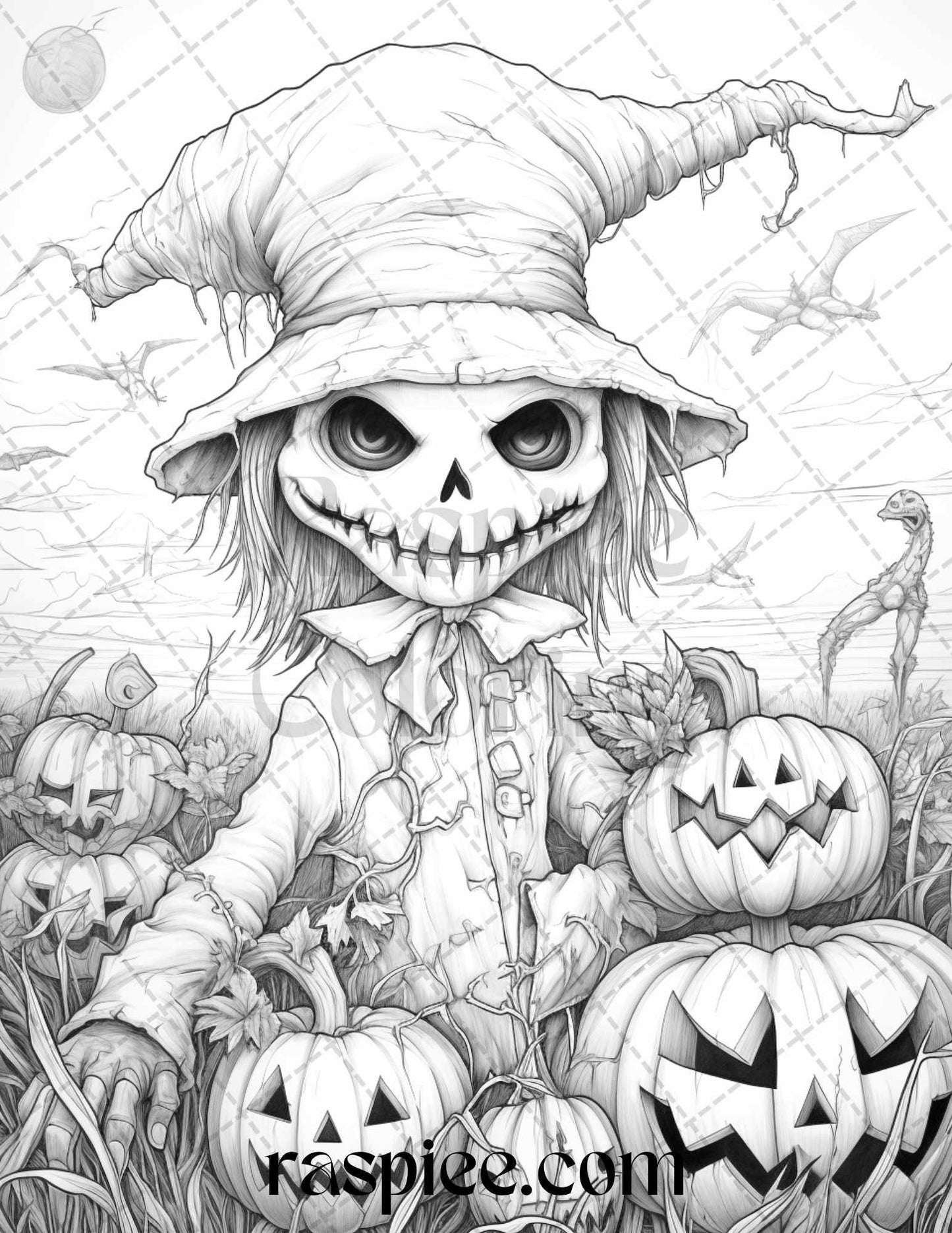 50 Halloween Scarecrows Grayscale Coloring Pages Printable for Adults, PDF File Instant Download