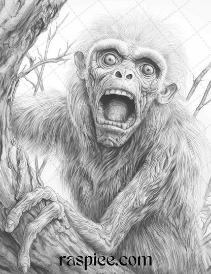 66 Horror Zombie Animals Grayscale Coloring Pages Printable for Adults, PDF File Instant Download