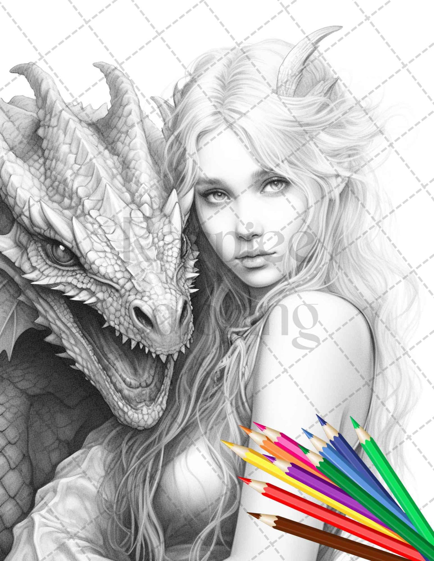 Enchanted Dragon Queens Grayscale Coloring Pages Printable for Adults, PDF File Instant Download