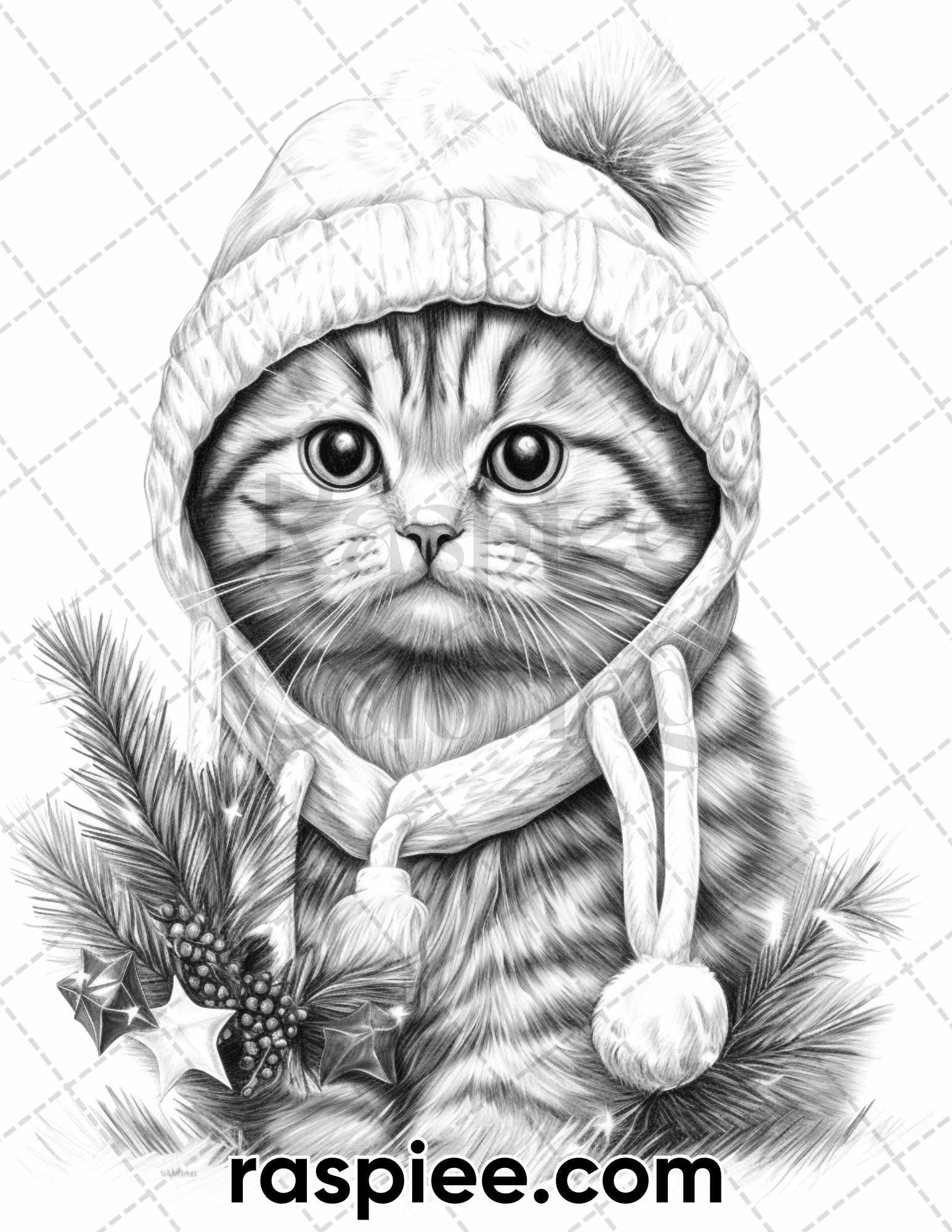 40 Christmas Cats Grayscale Coloring Pages for Adults, Printable PDF Instant Download