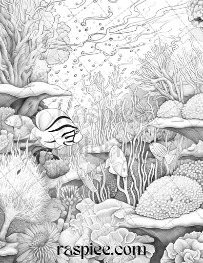 Ocean Life Grayscale Coloring Pages Printable for Adults Relaxation and Creativity, PDF File Instant Download