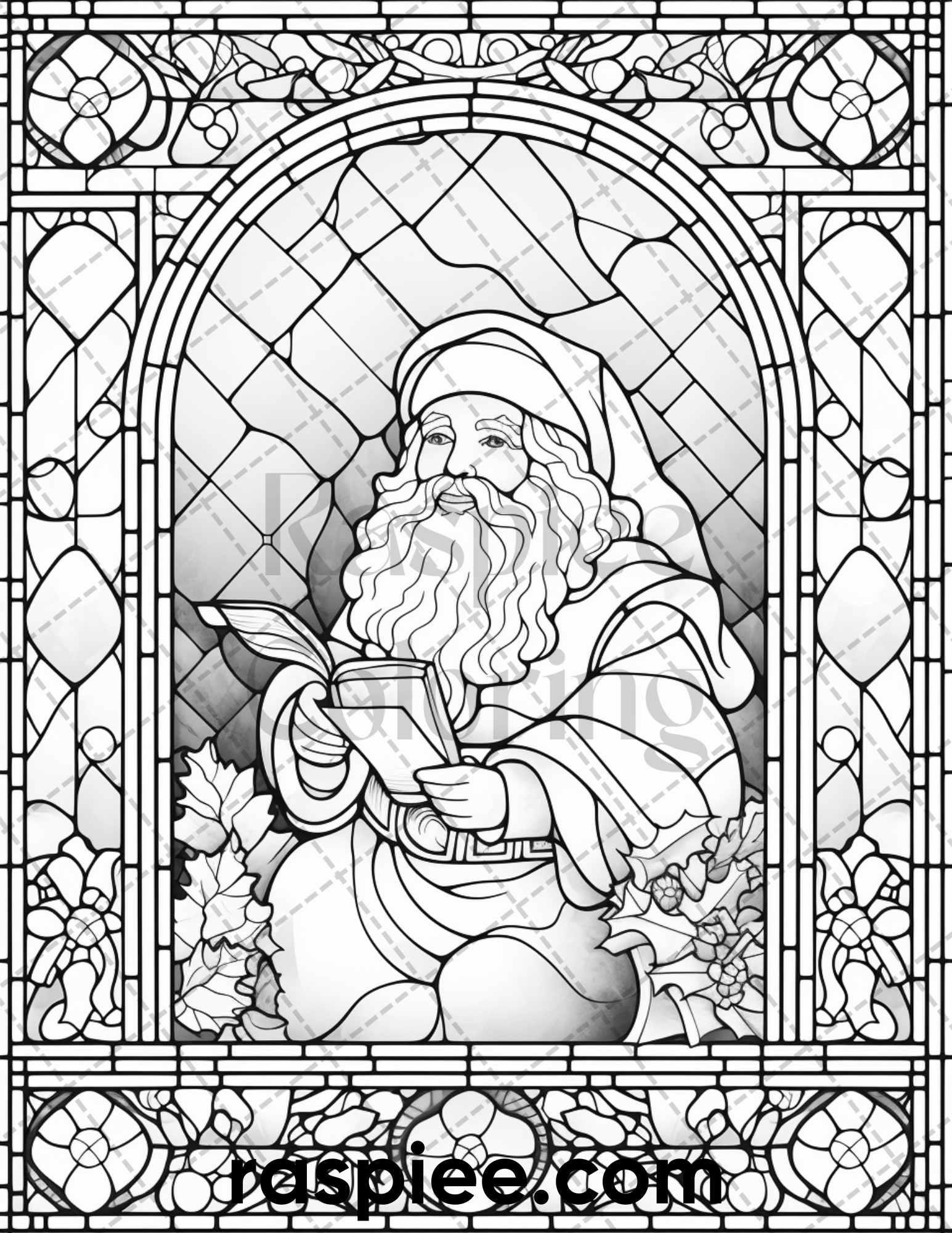 50 Christmas Stained Glass Grayscale Coloring Pages for Adults, Printable PDF File Instant Download