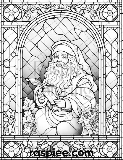 50 Christmas Stained Glass Grayscale Coloring Pages for Adults, Printable PDF File Instant Download