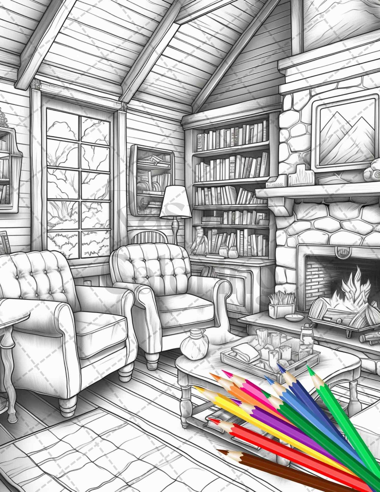 Cozy Cabin Interior Grayscale Coloring Pages Printable for Adults, PDF File Instant Download