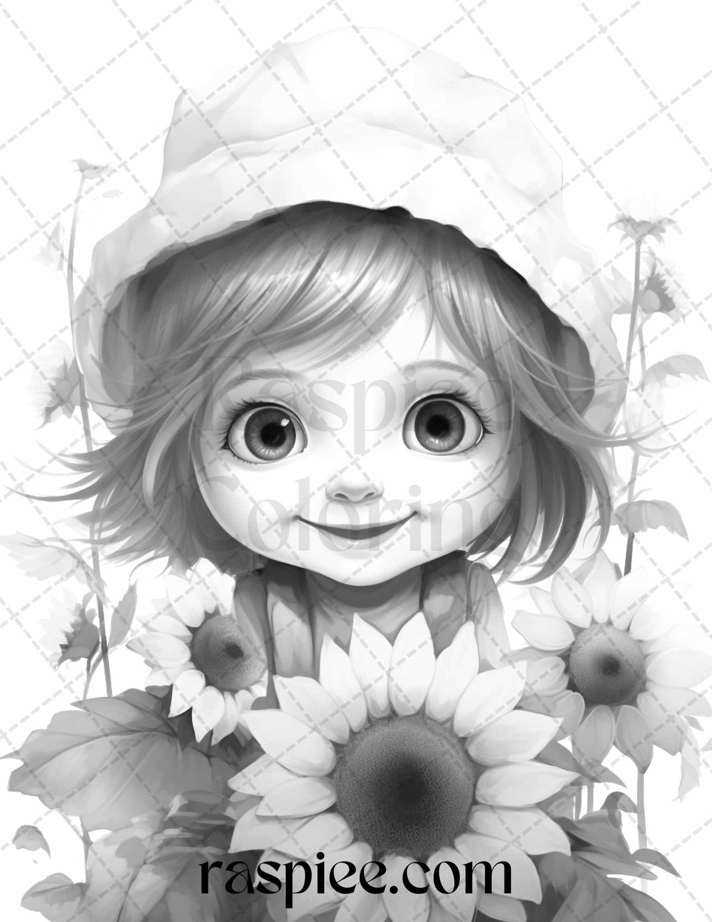 50 Flower Gnomes Grayscale Coloring Pages Printable for Adults Kids, PDF File Instant Download