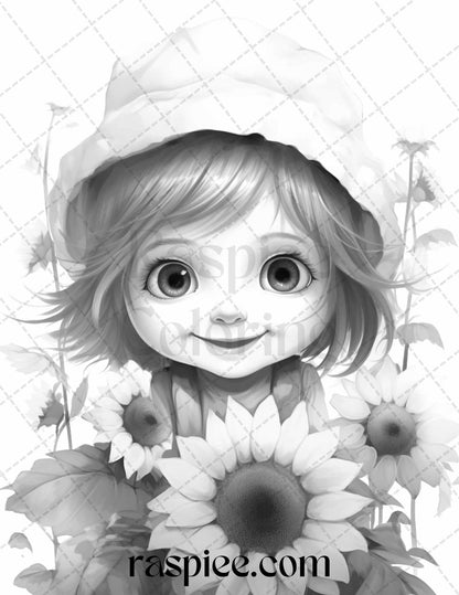50 Flower Gnomes Grayscale Coloring Pages Printable for Adults Kids, PDF File Instant Download