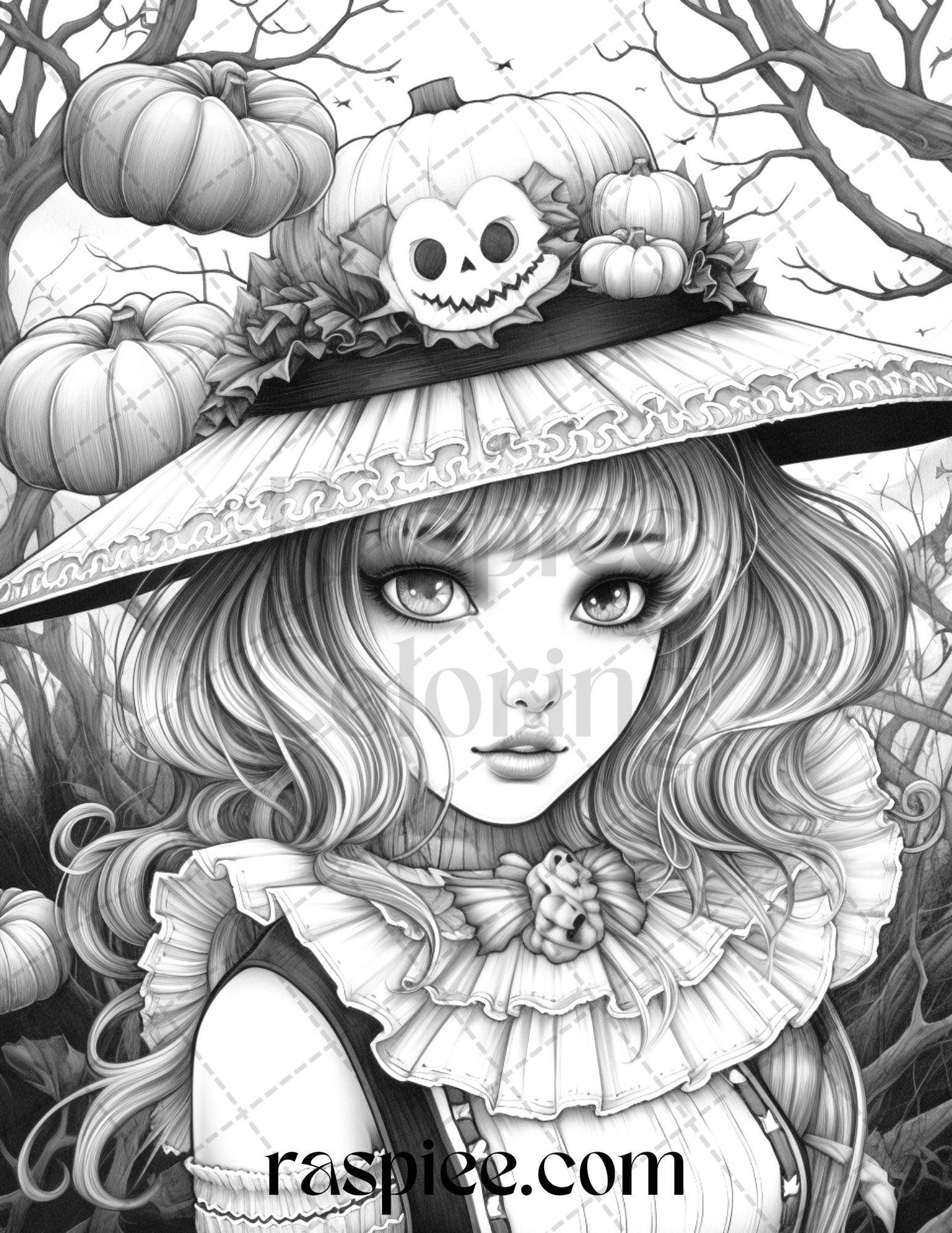 55 Halloween Girls Grayscale Coloring Pages Printable for Adults, PDF File Instant Download