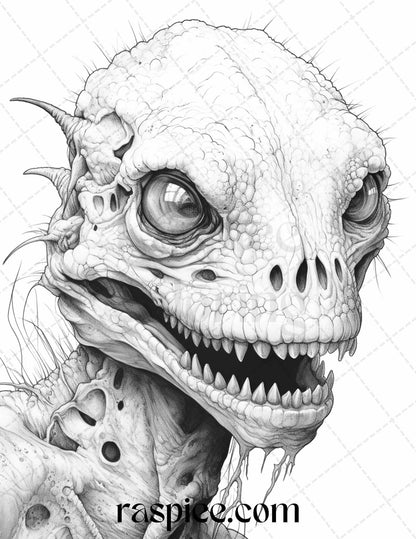 66 Horror Zombie Animals Grayscale Coloring Pages Printable for Adults, PDF File Instant Download