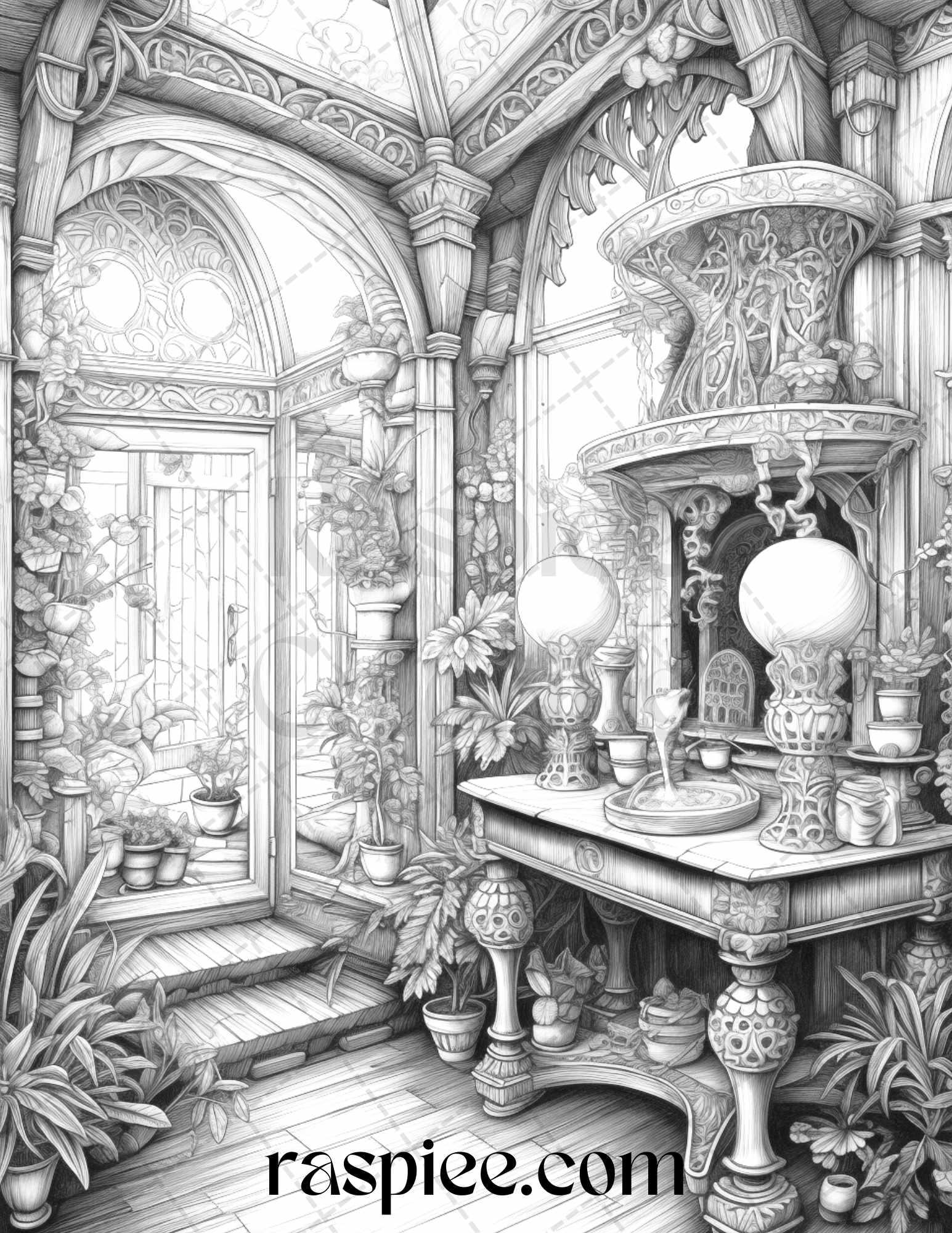 Fantasy Interior Grayscale Coloring Pages for Adults, Printable PDF File Instant Download