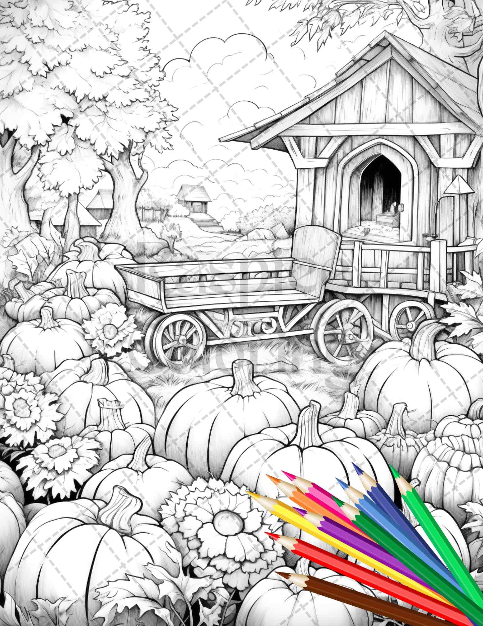 Pumpkin Garden Scenery Grayscale Coloring Pages Printable for Adults, PDF File Instant Download