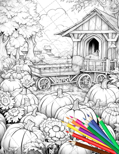 Pumpkin Garden Scenery Grayscale Coloring Pages Printable for Adults, PDF File Instant Download
