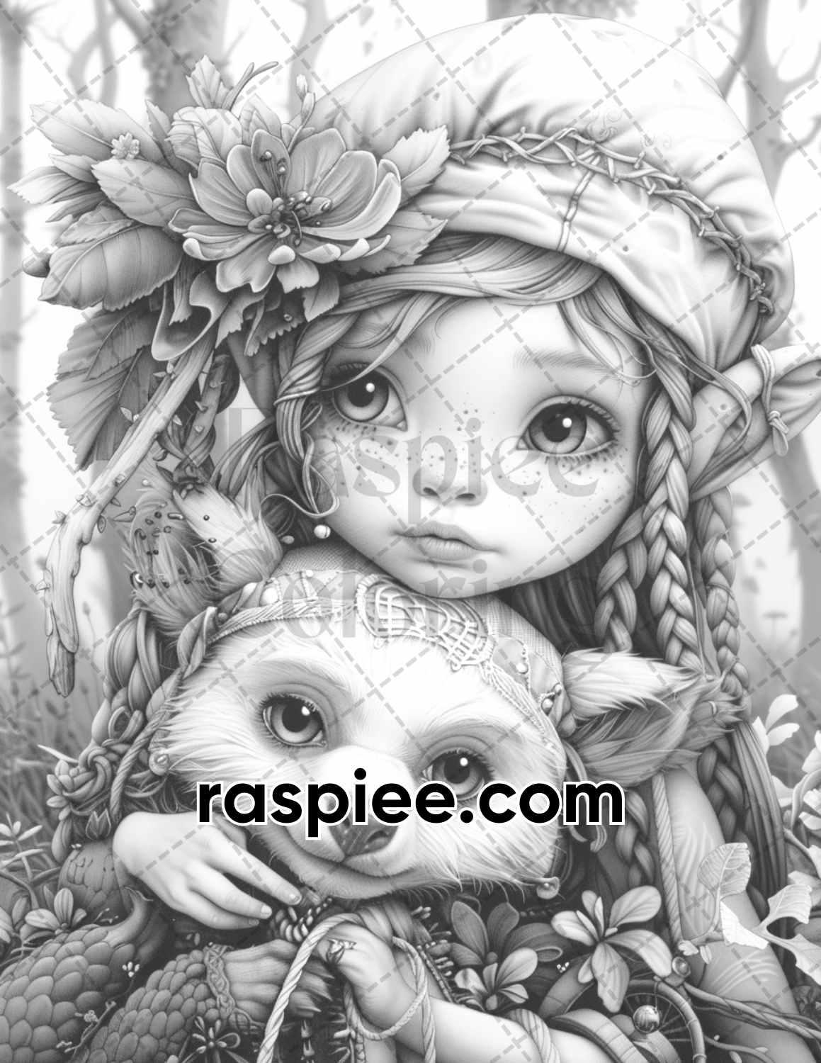 52 Elves Animal Kingdom Grayscale Adult Coloring Pages, Printable PDF Instant Download