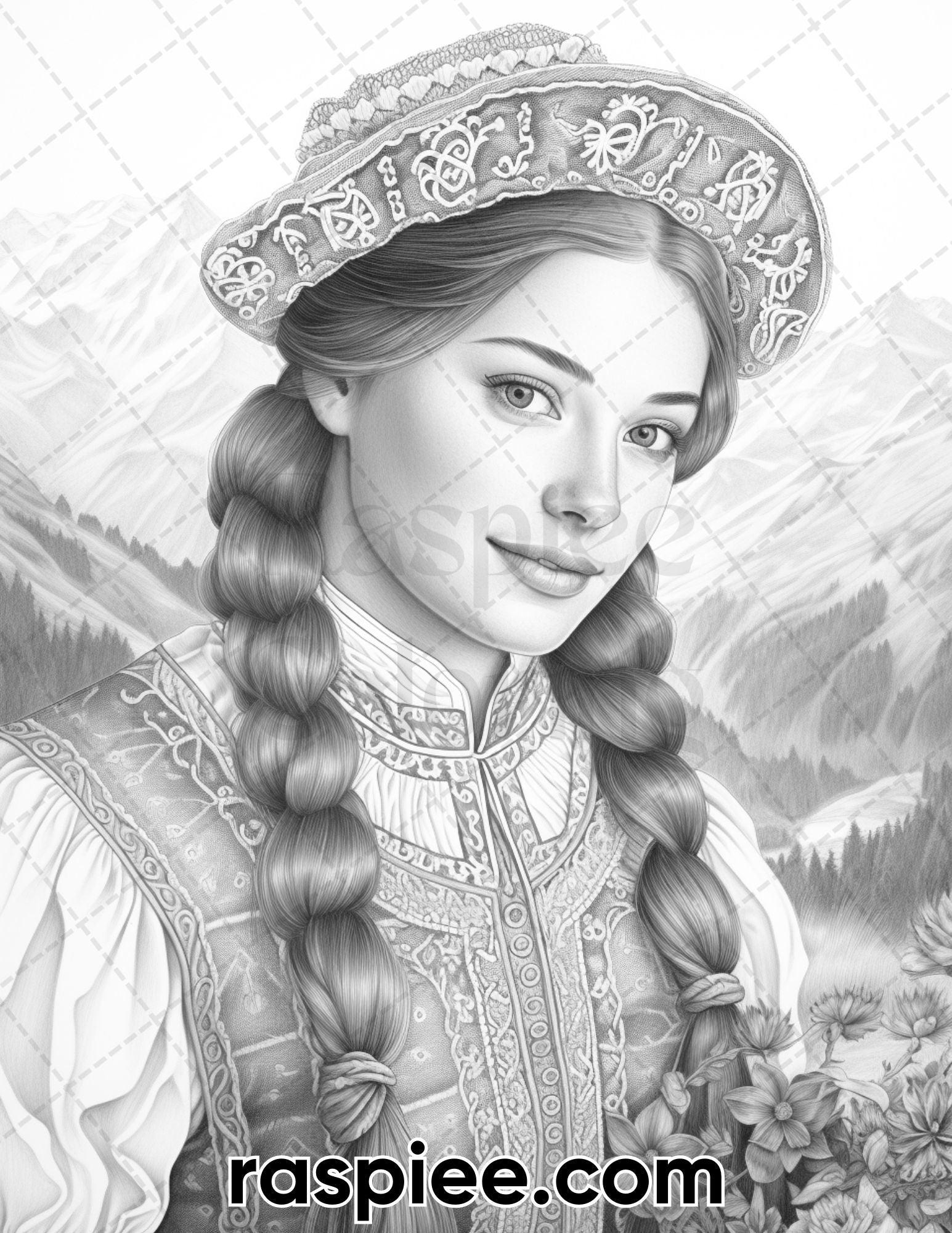 55 Traditional Swiss Girls Grayscale Adult Coloring Pages, Printable PDF Instant Download