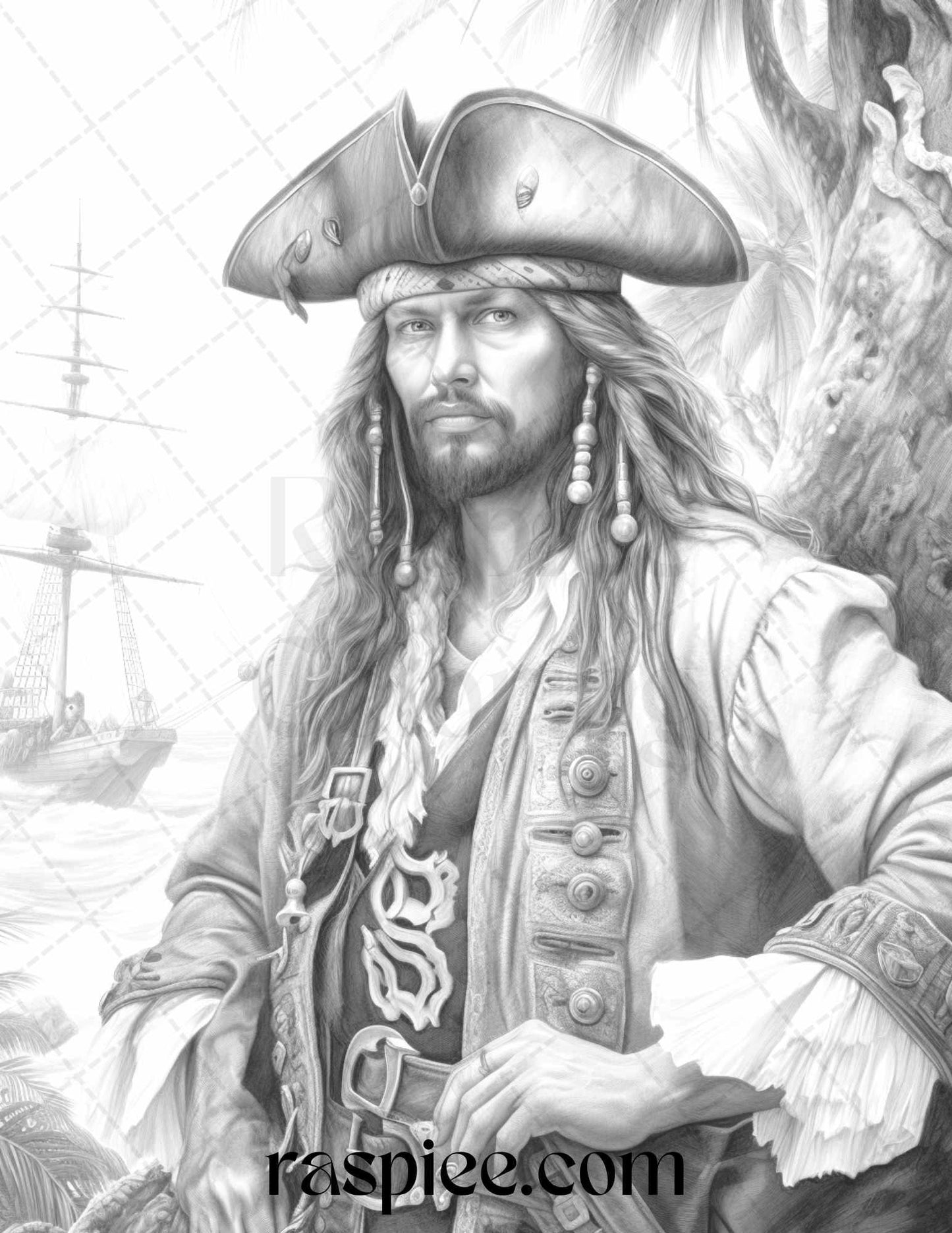 60 Pirate Life Grayscale Coloring Pages Printable for Adults, Stress Relief Coloring, PDF File Instant Download