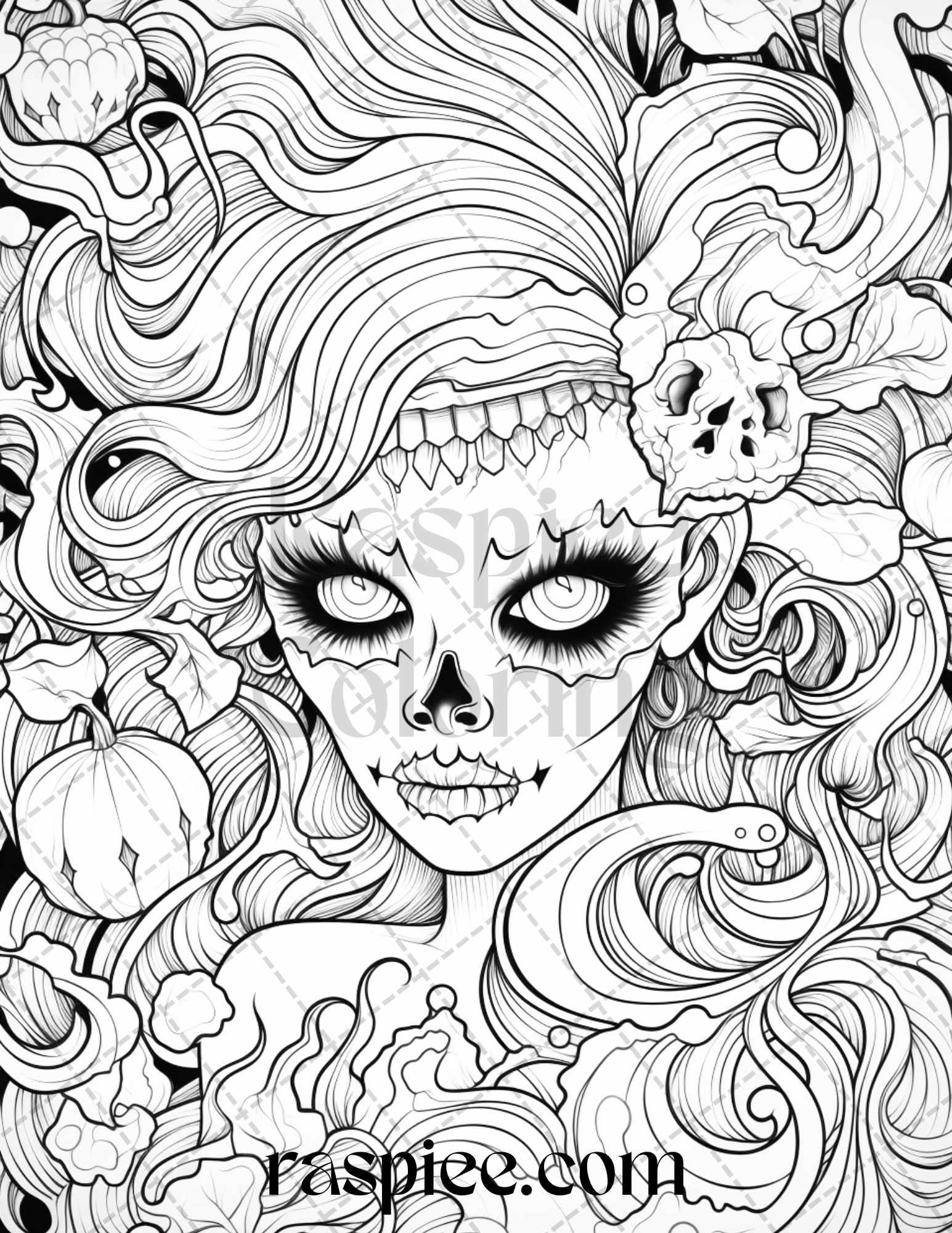 50 Spooky Miss Nightmare Grayscale Coloring Pages Printable for Adults, PDF File Instant Download