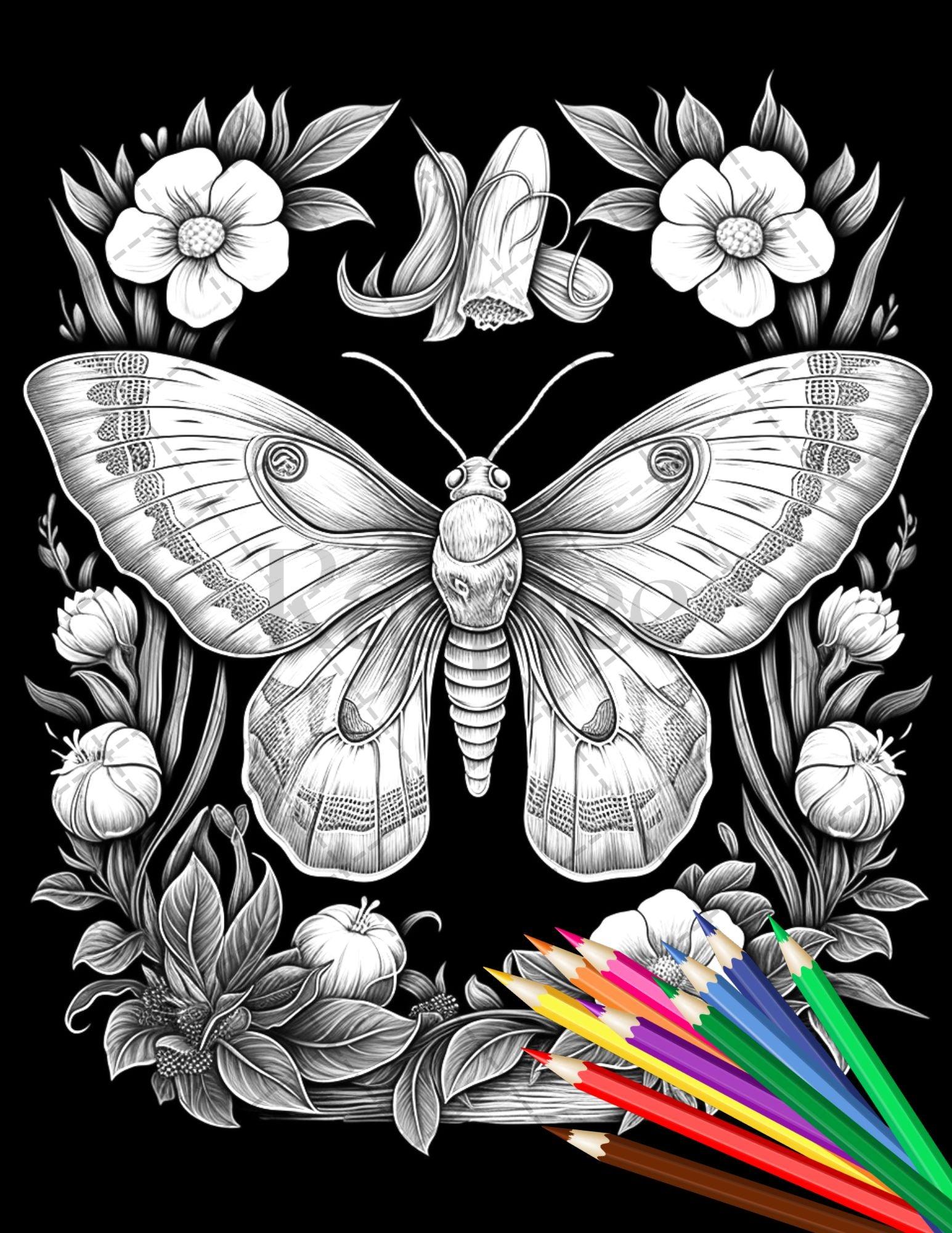 32 Beautiful Moths and Floral Coloring Book for Adults, Grayscale Coloring Page, Printable PDF Instant Download